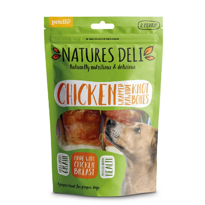 Natures Deli Chicken Wrapped Rawhide Knot Bone Medium Dog Treats 2 per pack